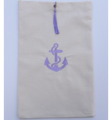 Pochette beige clair brodée motif ancre lavande avec pompon Fouta Tunisia - 1