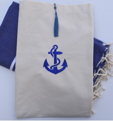 Pochette beige clair brodée motif ancre bleu avec pompon Fouta Tunisia - 1 2