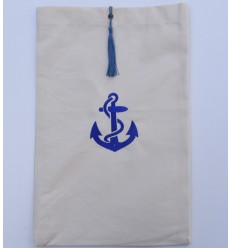Pochette beige clair brodée motif ancre bleu avec pompon Fouta Tunisia - 1