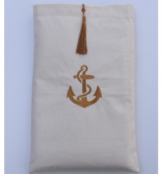 Pochette beige clair brodée motif ancre avec pompon Fouta Tunisia - 1