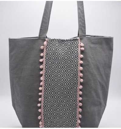 Sac Saint Tropez taupe motifs chevron et pompons rose bébé