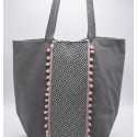 Sac Saint Tropez taupe motifs chevron et pompons rose bébé Fouta Tunisia - 2