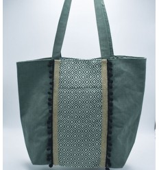 Sac Saint Tropez vert avec pompons noir Fouta Tunisia - 1 2