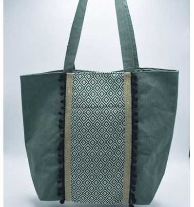 Sac Saint Tropez vert avec pompons noir Fouta Tunisia - 2