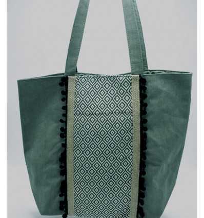 Sac Saint Tropez vert avec pompons noir Fouta Tunisia - 3