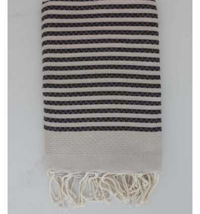 Fouta nid d'abeille beige clair rayée 1 cm rayure noir