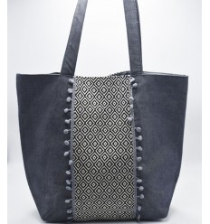 Sac Saint Tropez bleu guède motifs en chevron et pompons Fouta Tunisia - 1