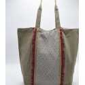Sac Saint Tropez beige avec motifs en chevron et pompons rouge Fouta Tunisia - 1