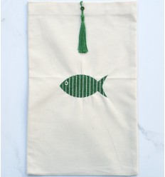 Pochette beige clair brodée avec pompon vert Fouta Tunisia - 1