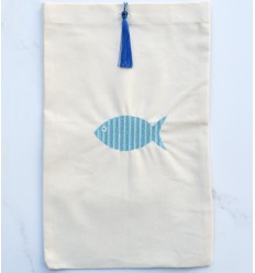 Pochette beige clair brodée poisson couleur mers du sud avec pompon Fouta Tunisia - 1