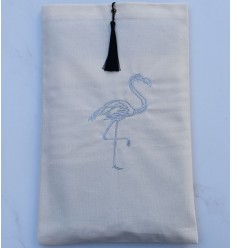 Pochette beige clair brodée flamant couleur argent avec pompon Fouta Tunisia - 1 2