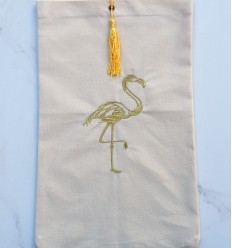 Pochette beige clair brodée flamant avec pompon Fouta Tunisia - 1