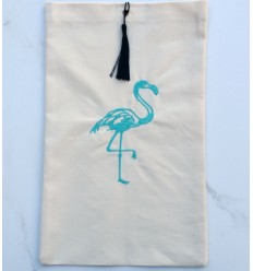 Pochette beige clair brodée flamant avec pompon noir Fouta Tunisia - 1