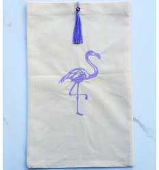 Pochette beige clair brodée flamant avec pompon lavande Fouta Tunisia - 1