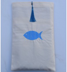 Pochette beige clair brodée ,nœud pompon bleu canard Fouta Tunisia - 1