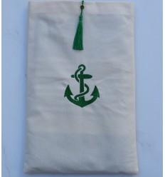 Pochette beige clair brodée motif ancre vert avec pompon Fouta Tunisia - 1