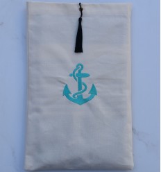 Pochette beige clair brodée motif ancre mers du sud avec pompon Fouta Tunisia - 1