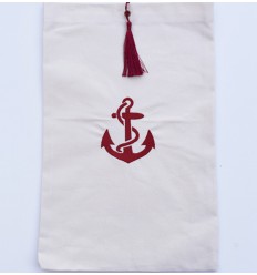 Pochette beige clair brodée motif ancre rouge avec pompon Fouta Tunisia - 1