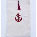 Pochette beige clair brodée motif ancre rouge avec pompon Fouta Tunisia - 1