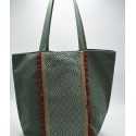 Sac Saint Tropez vert avec motifs en chevron et pompons rouge Fouta Tunisia - 1