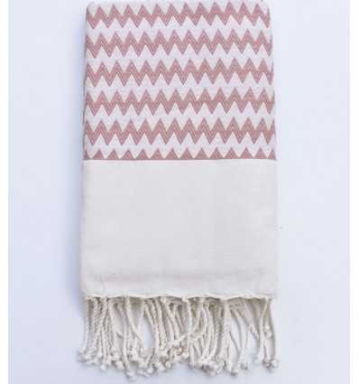 Fouta zigzag vieux rose et blanc crème