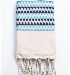 Fouta zigzag blanc crème, bleu azur et bleu ardoise Fouta Tunisia - 1
