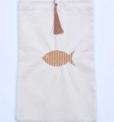 Pochette beige clair brodée avec pompon rouille Fouta Tunisia - 2