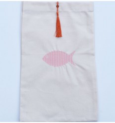 Pochette beige clair brodée avec pompon orange Fouta Tunisia - 1