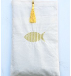 Pochette beige clair brodée avec pompon jaune Fouta Tunisia - 1 2