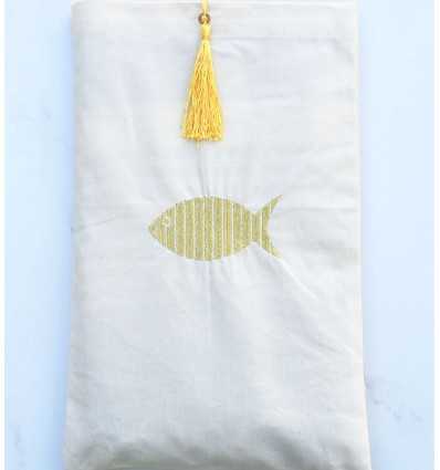 Pochette beige clair brodée avec pompon jaune Fouta Tunisia - 2