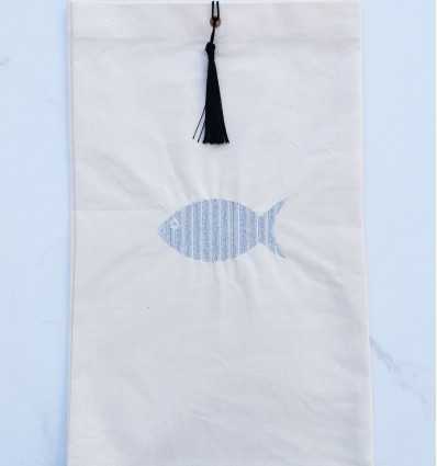 Pochette beige clair brodée avec pompon noir Fouta Tunisia - 2