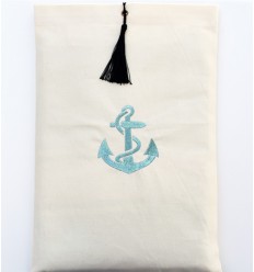 Pochette beige clair brodée motif ancre turquoise avec pompon Fouta Tunisia - 1