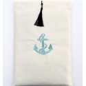 Pochette beige clair brodée motif ancre turquoise avec pompon Fouta Tunisia - 1