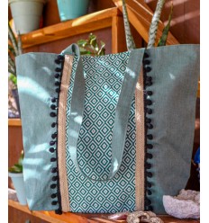 Sac Saint Tropez vert avec pompons noir Fouta Tunisia - 1