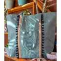 Sac Saint Tropez vert avec pompons noir Fouta Tunisia - 1