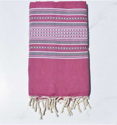 Fouta arabesque rose foncé avec rayures gris Fouta Tunisia - 1