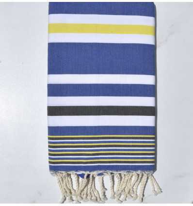 Serviette de plage dina bleu avec rayures jaune chrome, blanc et noir