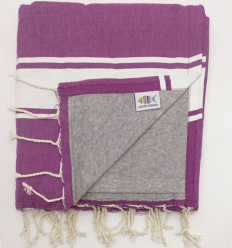 Serviette de plage doublée éponge violet foncé et gris Fouta Tunisia - 1
