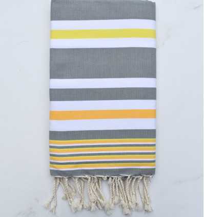 Fouta dina gris rayée blanc, jaune chrome et jaune aurore