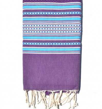 Fouta arabesque violet rayée bleu céleste