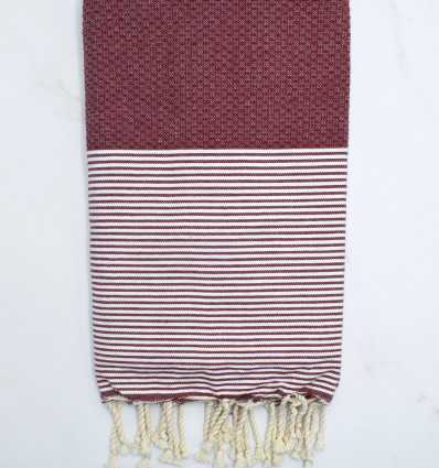 FOUTA NID D'ABEILLE rouge bordeaux rayée blanc