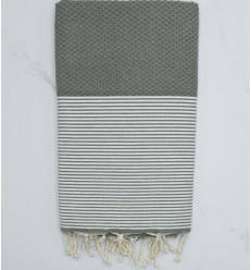 FOUTA NID D'ABEILLE vert militaire rayée blanc Fouta Tunisia - 1