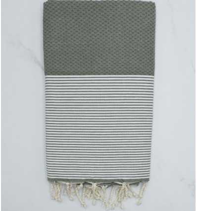 FOUTA NID D'ABEILLE vert militaire rayée blanc