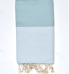 FOUTA NID D'ABEILLE Bleu givré rayée blanc Fouta Tunisia - 1