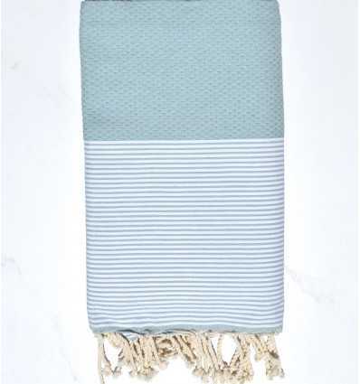 FOUTA NID D'ABEILLE Bleu givré rayée blanc