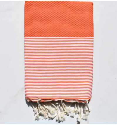 Fouta nid d'abeille orange corail rayée blanc