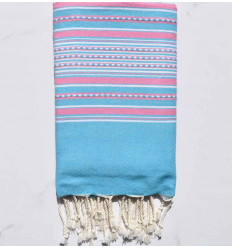 Fouta arabesque bleu céleste rayée rose pastel Fouta Tunisia - 1