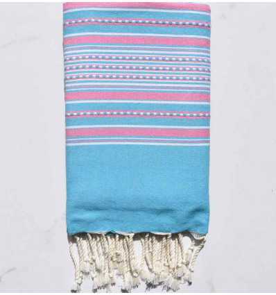 Fouta arabesque bleu céleste rayée rose pastel