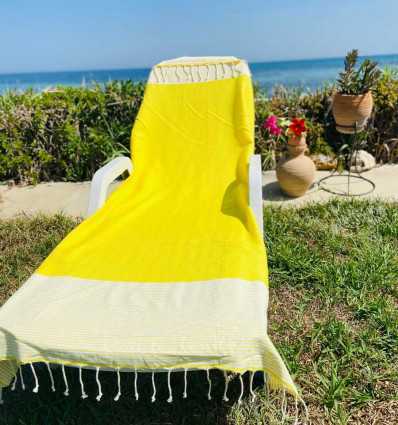 FOUTA NID D'ABEILLE Jaune citron rayée blanc