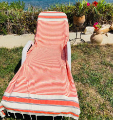 Serviette de plage couleur blanc crème, orange et noir Fouta Tunisia - 1 2